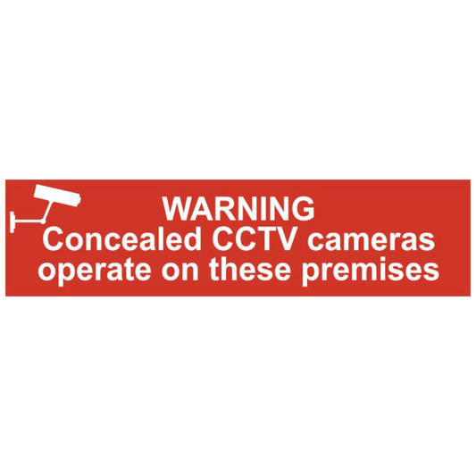 ASEC Warning Concealed CCTV Cameras Operate On These Premises 200mm x 50mm PVC Self Adhesive Sign 1 Per Sheet - Red