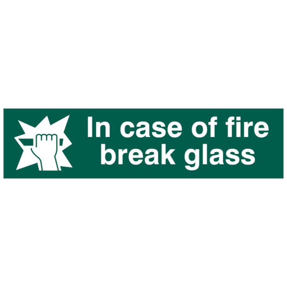 ASEC In Case Of Fire Break Glass 200mm x 50mm PVC Self Adhesive Sign. 1 Per Sheet - Green