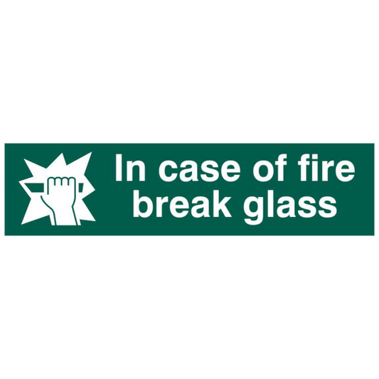 ASEC In Case Of Fire Break Glass 200mm x 50mm PVC Self Adhesive Sign. 1 Per Sheet - Green