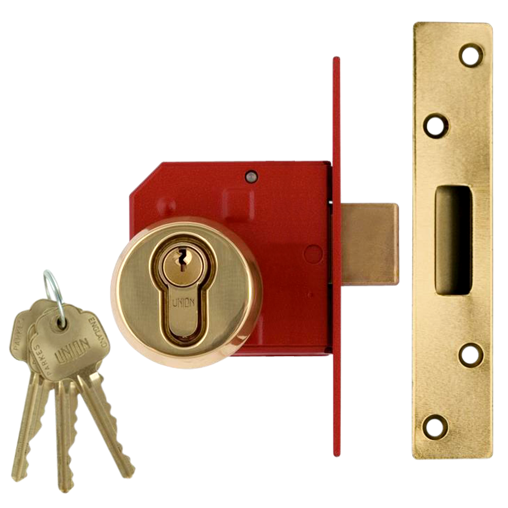 UNION 212441E Euro Deadlock 75mm Keyed To Differ - Polished Lacquered Brass