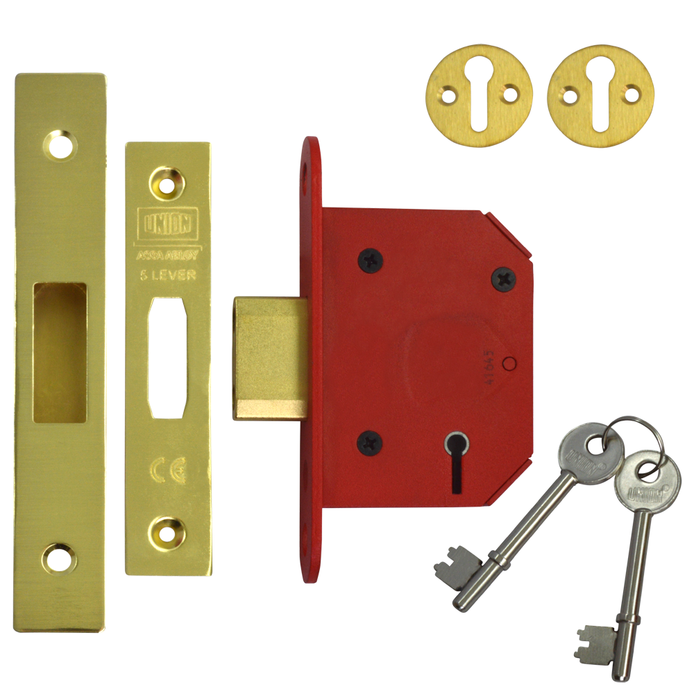 UNION J2105 StrongBOLT 5 Lever Deadlock 64mm Keyed To Differ - Polished Brass