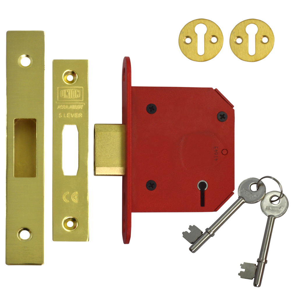 UNION J2105 StrongBOLT 5 Lever Deadlock 75mm Keyed To Differ - Polished Brass