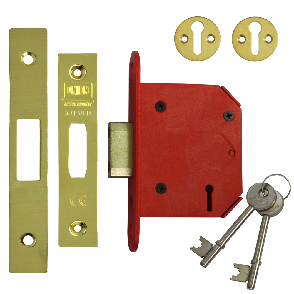UNION J2103 StrongBOLT 3 Lever Deadlock 75mm Keyed To Differ - Polished Brass