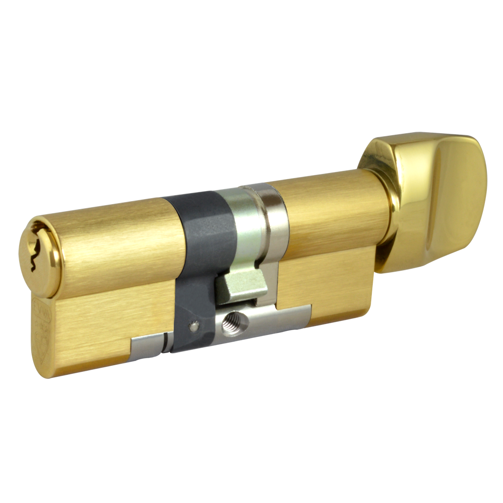 EVVA EPS 3* Anti-Snap Euro Key & Turn Cylinder KD 21B 77mm 41Ext-T36 36-10-T31 - Polished Brass