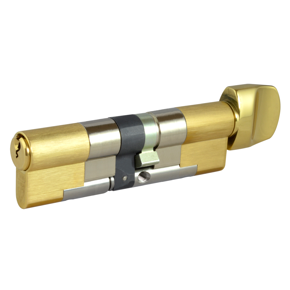 EVVA EPS 3* Anti-Snap Euro Key & Turn Cylinder KD 21B 102mm 56Ext-T46 51-10-T41 - Polished Brass