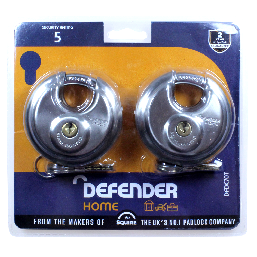 DEFENDER 70mm Discus Padlock 70mm Keyed Alike Twin Pack - Silver
