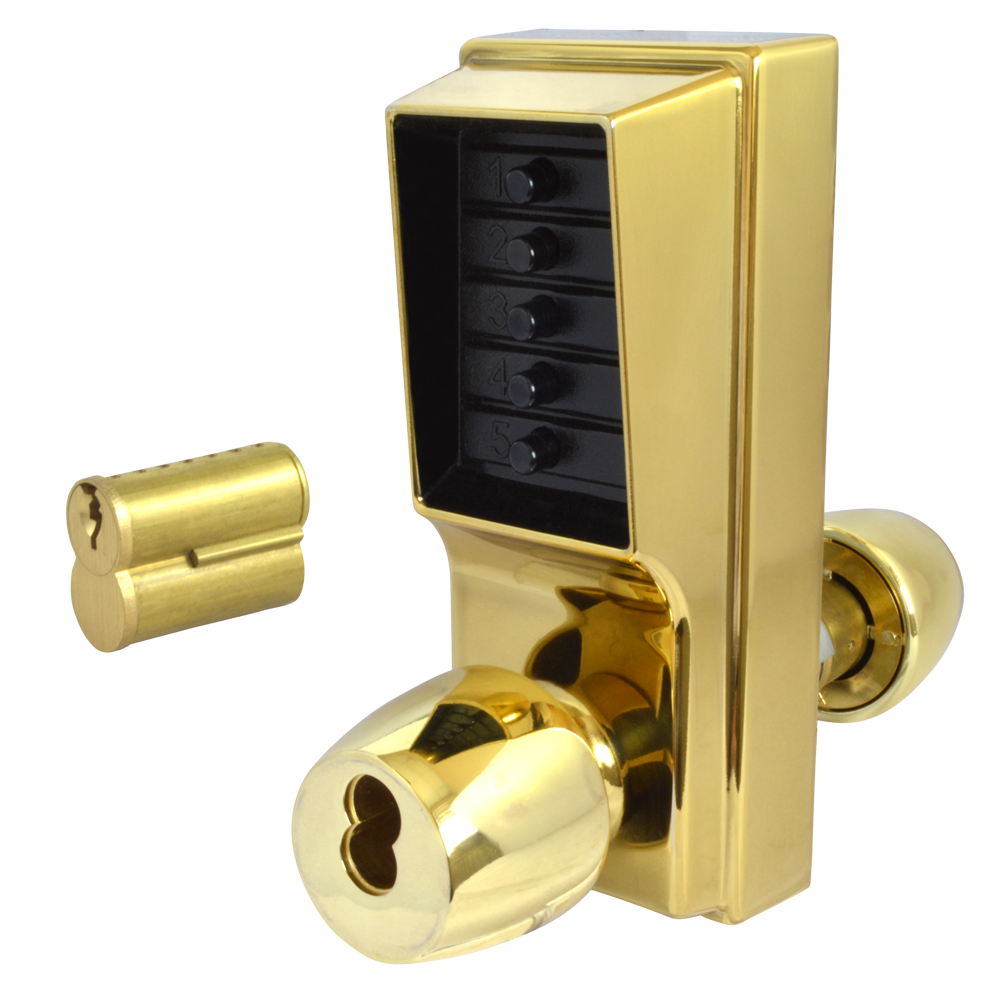 DORMAKABA Series 1000 1041B Knob Operated Digital Lock With Key Override & Passage Set With Cylinder 1041B-03 - Polished Brass