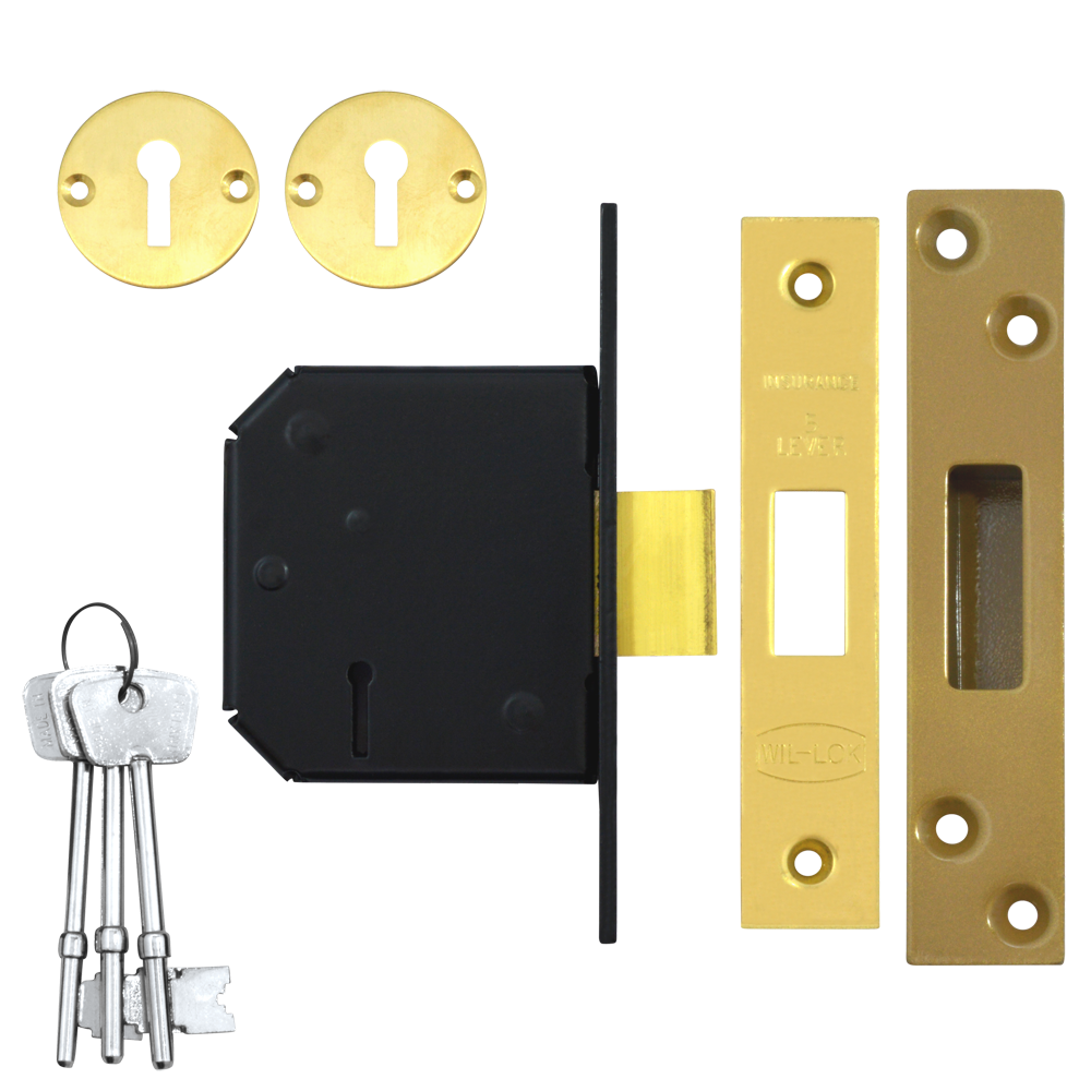 WILLENHALL LOCKS M1C 5 Lever Deadlock 80mm Keyed To Differ - Polished Brass
