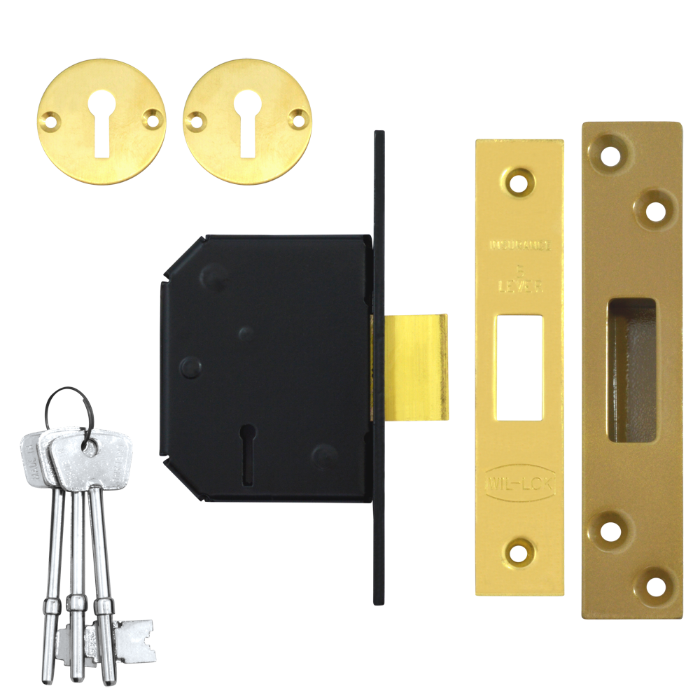 WILLENHALL LOCKS M1C 5 Lever Deadlock 67mm Keyed To Differ - Polished Brass